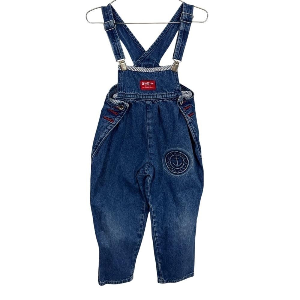 Vintage Oshkosh Denim Nautical Overalls Sz 4 Yrs Blue Jean Suspender Clip USA